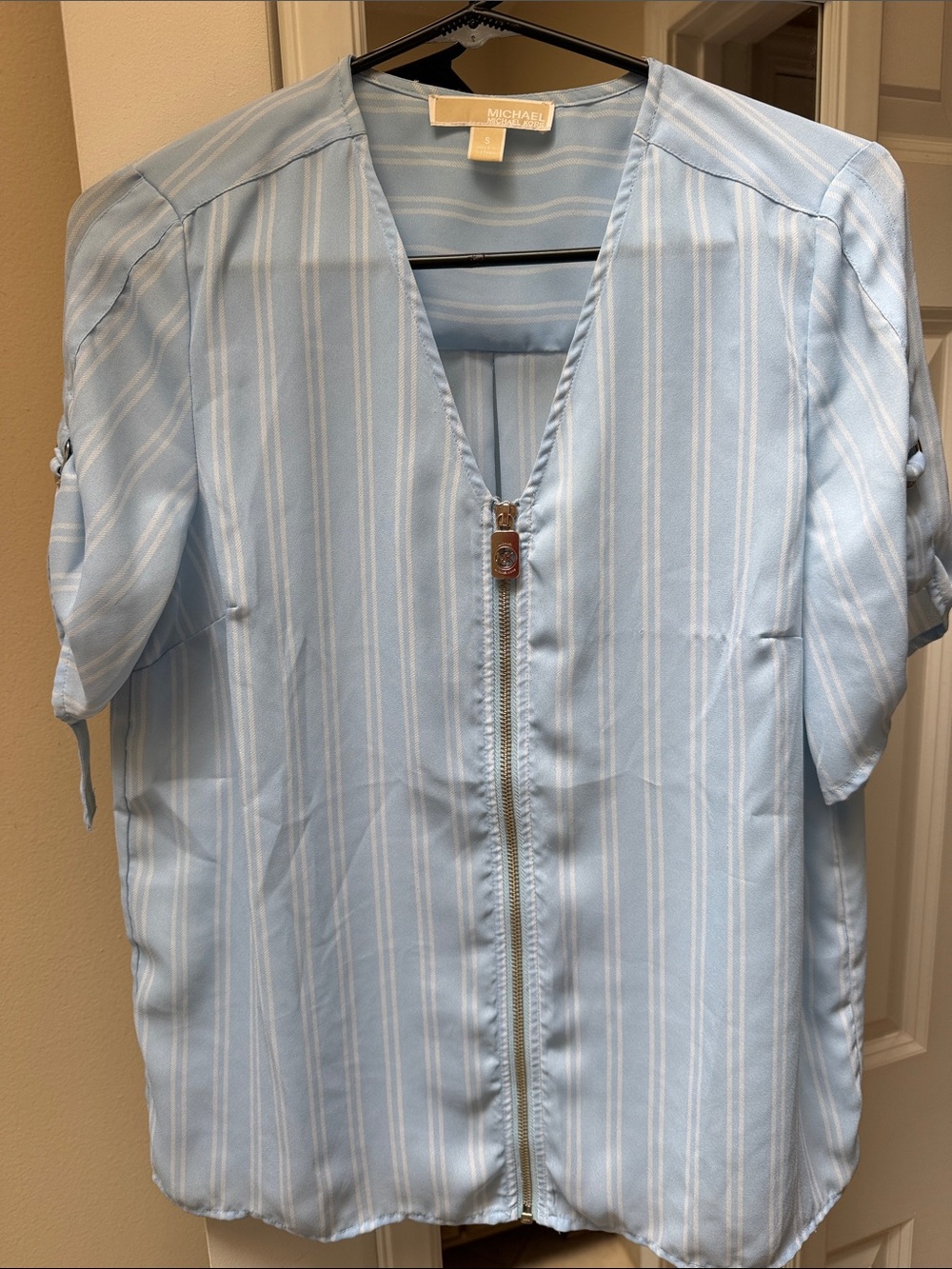 Michael Kors Pale Blue & White Striped Zip-Front Blouse